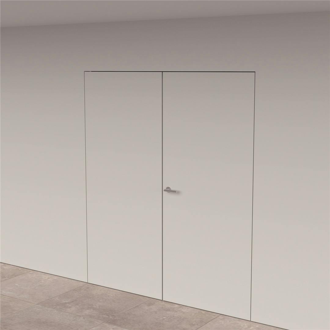 A minimal area with grey tiled floor and set of white double flush doors in a white wall, with a silver lever handle.