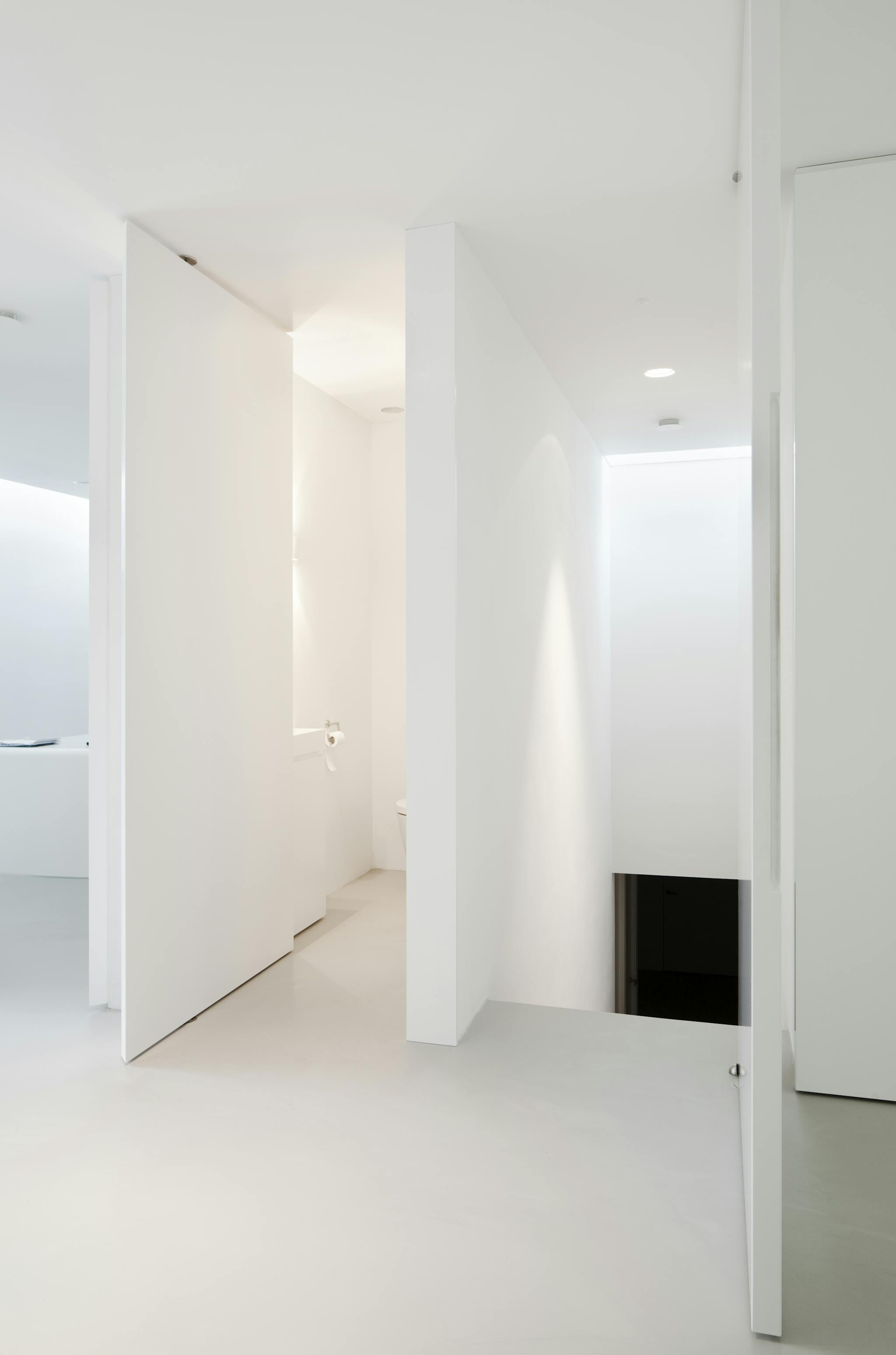 White interior space with open pivoting flush doors.
