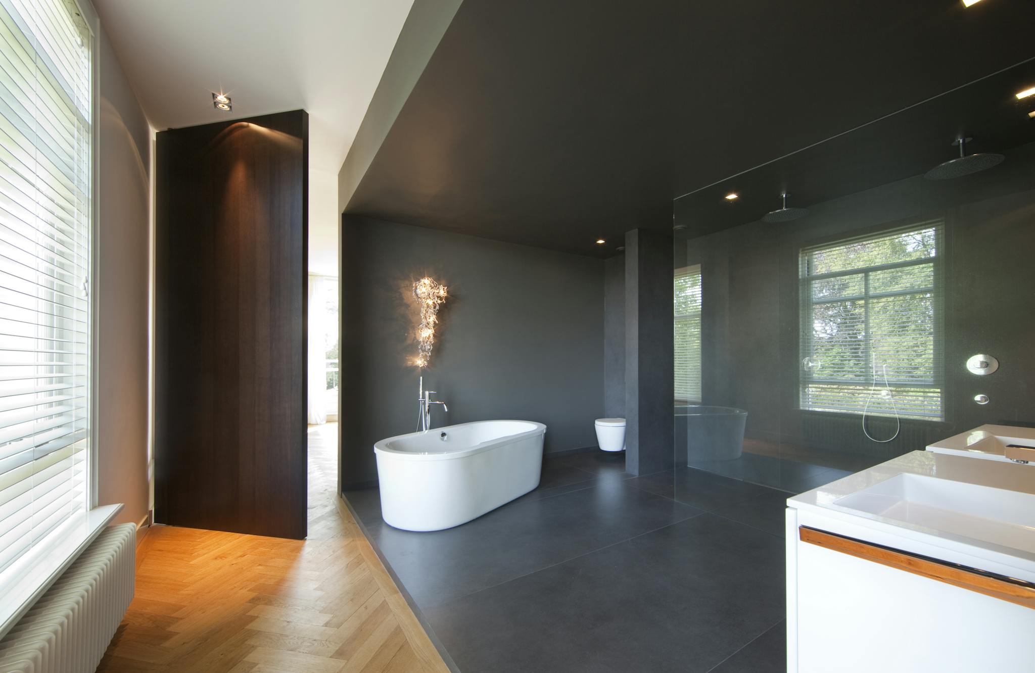 A dark tiled and wooden floored bathroom with a large pivoting door in dark wood.